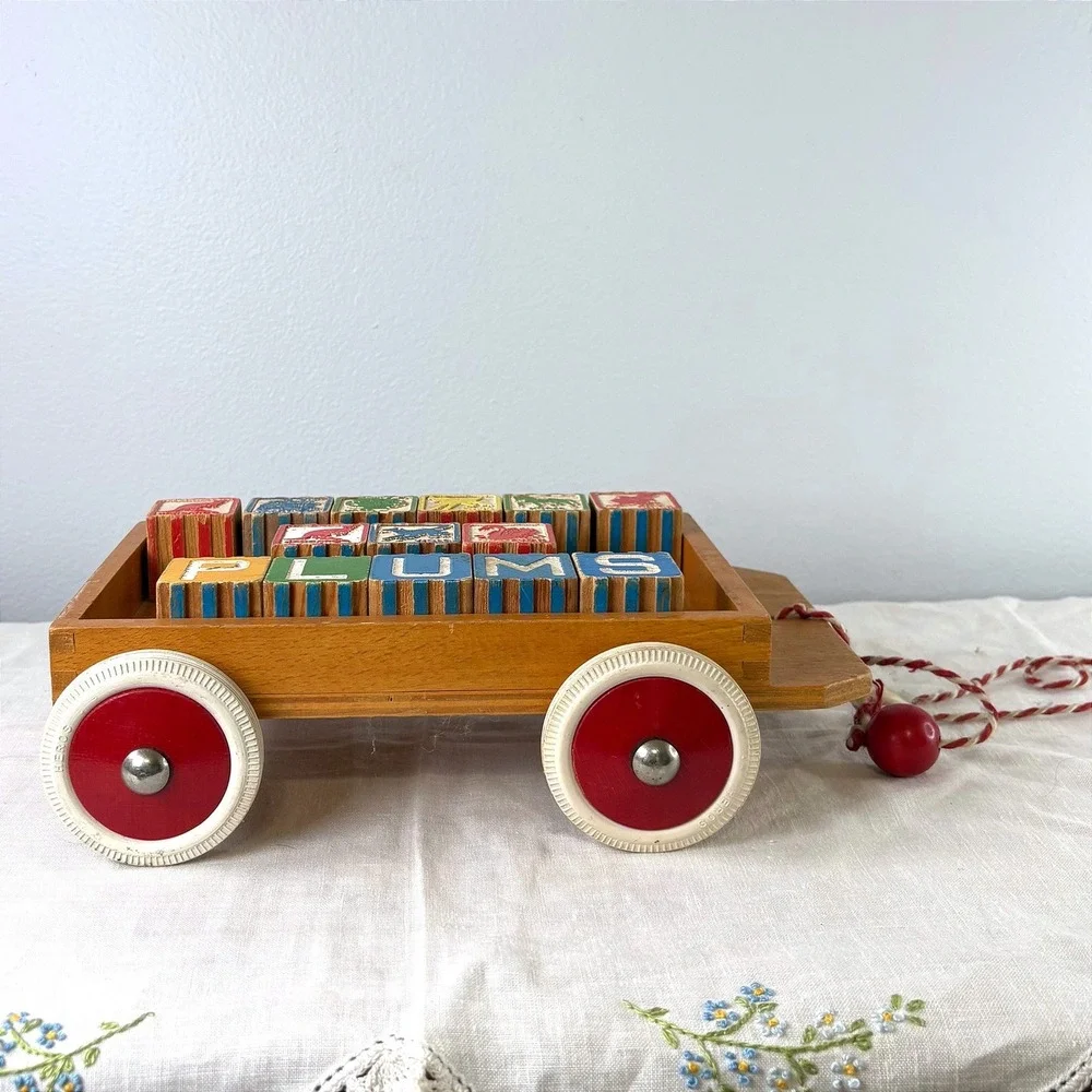 Vintage Heros‎ Wooden Pull Wagon with Alphabet and Animal Blocks German Toy